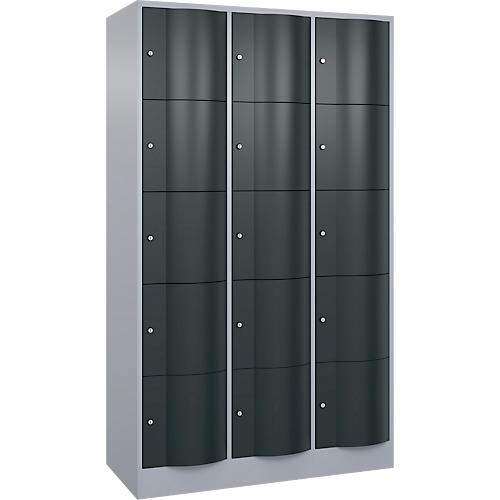 C+P Schließfachschrank Resisto, 3 Abteile, 15 Fächer, B 1148 x T 540 x H 1950 mm, Weißalu/Anthrazitgrau