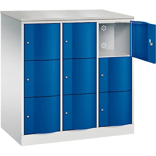 C+P Schließfachschrank Resisto, 3 Abteile, 9 Fächer, B 1148 x T 640 x H 1255 mm, Lichtgrau/Enzianblau