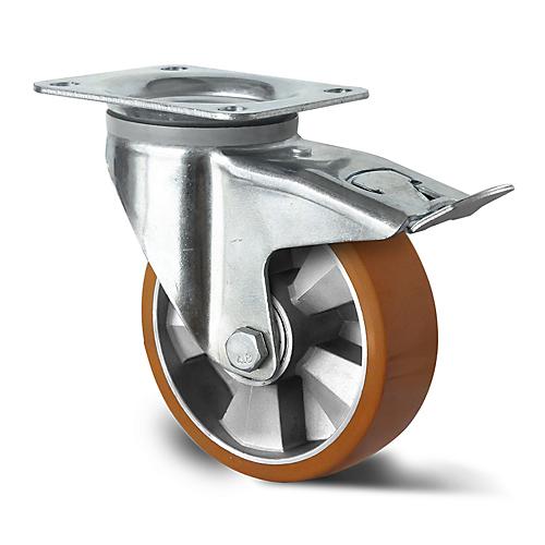 CASCOO Lenkrolle BAU5, mit Totalfeststeller, Rad-ø 125 mm x B 50 mm, Aluminium-Felge, Polyurethan-Lauffläche, braun, Doppelkugellager, bis 500 kg