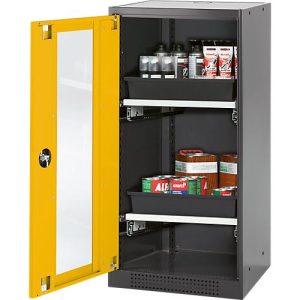 Chemikalienschrank Asecos CS-CLASSIC-G, Flügeltür und Glasausschnitt, 2 Auszüge, H 1105 mm, sicherheitsgelb