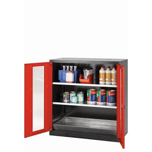 Chemikalienschrank asecos CS-CLASSIC-G, Flügeltüren mit Glasausschnitt, Front Verkehrsrot, B 1055 x T 520 x H 1105 mm