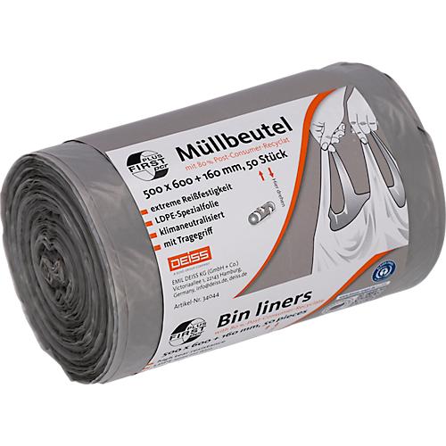 Deiss FIRST PLUS Müllbeutel, mit Tragegriff, LDPE, 14 µm, grau, B 500 x H 760 mm, 30 Liter, 1000 Stück