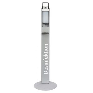 Desinfektionsmittelspender, mit Bedienbügel & Tropfschale, bis 1000 ml, inkl. Leerflasche, Edelstahl, B 350 T 350 x H 1220 mm Desinfektionsmittelspender, mit Bedienbügel & Tropfschale, bis 1000 ml, inkl. Leerflasche, Edelstahl, B 350 T 350 x H 1220 mm