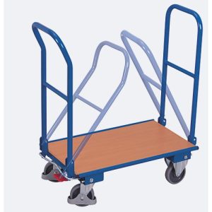 Doppel-Klappbügelwagen, Stahl/MDF-Platte, Enzianblau/Buche-Dekor, L 720 x B 450 mm, klappbare mit Querstrebe, TPE-Rollen mit EasySTOP, bis 150 kg Doppel-Klappbügelwagen, Stahl/MDF-Platte, Enzianblau/Buche-Dekor, L 720 x B 450 mm, klappbare mit Querstrebe, TPE-Rollen mit EasySTOP, bis 150 kg