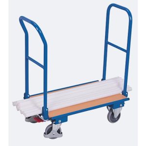 Doppel-Klappbügelwagen, Stahl/MDF-Platte, Enzianblau/Buche-Dekor, L 900 x B 600 mm, klappbare mit Querstrebe, TPE-Rollen mit EasySTOP, bis 250 kg Doppel-Klappbügelwagen, Stahl/MDF-Platte, Enzianblau/Buche-Dekor, L 900 x B 600 mm, klappbare mit Querstrebe, TPE-Rollen mit EasySTOP, bis 250 kg