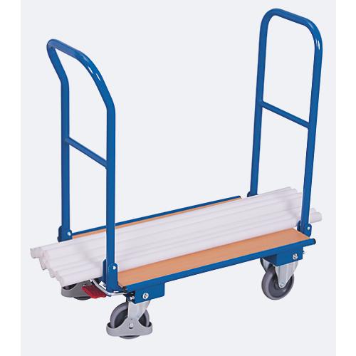 Doppel-Klappbügelwagen, Stahl/MDF-Platte, Enzianblau/Buche-Dekor, L 900 x B 600 mm, klappbare mit Querstrebe, TPE-Rollen mit EasySTOP, bis 250 kg