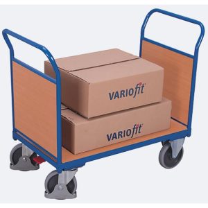 Doppel-Stirnwandwagen, Stahl/MDF-Platte, Enzianblau/Buche-Dekor, L 1000 x B 600 mm, Stirnwände aus MDF-Platte, TPE-Rollen mit EasySTOP, bis 500 kg Doppel-Stirnwandwagen, Stahl/MDF-Platte, Enzianblau/Buche-Dekor, L 1000 x B 600 mm, Stirnwände aus MDF-Platte, TPE-Rollen mit EasySTOP, bis 500 kg