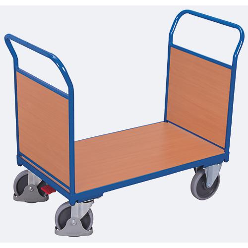 Doppel-Stirnwandwagen, Stahl/MDF-Platte, Enzianblau/Buche-Dekor, L 850 x B 500 mm, Stirnwände aus MDF-Platte, TPE-Rollen mit EasySTOP, bis 400 kg