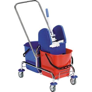 Doppelfahreimer Chrom II, 2 x 15 Liter Eimer, fahrbar, m. Mopppresse u. Schiebebügel Doppelfahreimer Chrom II, 2 x 15 Liter Eimer, fahrbar, m. Mopppresse u. Schiebebügel