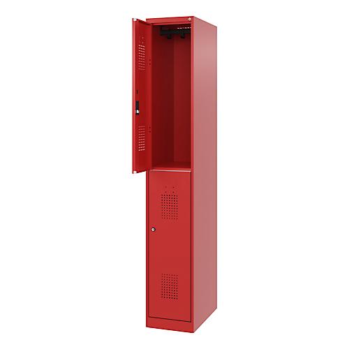 Doppelstöckiger Feuerwehrspind C+P Flexo White, 1 Abteil mit 2 Fächern, Bodengleiter, B 300 x T 500 x H 1850 mm, RAL 3000 Feuerrot