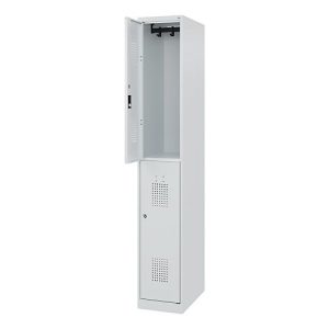 Doppelstöckiger Feuerwehrspind C+P Flexo White, 1 Abteil mit 2 Fächern, Bodengleiter, B 300 x T 500 x H 1850 mm, RAL 7035 Lichtgrau