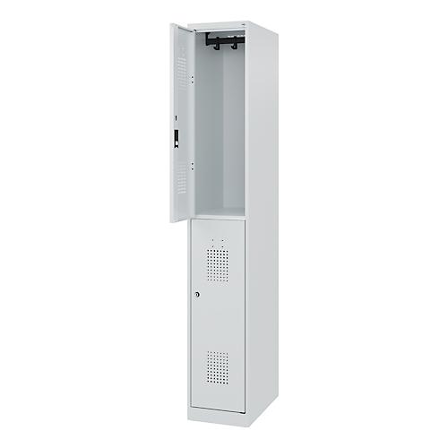 Doppelstöckiger Feuerwehrspind C+P Flexo White, 1 Abteil mit 2 Fächern, Bodengleiter, B 300 x T 500 x H 1850 mm, RAL 7035 Lichtgrau
