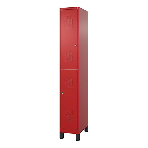 Doppelstöckiger Feuerwehrspind C+P Flexo White, 1 Abteil mit 2 Fächern, Füße, B 300 x T 500 x H 1950 mm, RAL 3000 Feuerrot/RAL 7021 Schwarzgrau