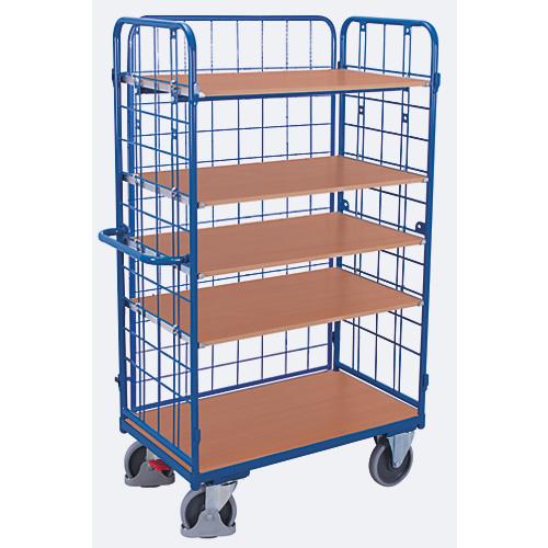 Drahtgitter-Etagenwagen, Stahl/MDF-Platte, Enzianblau/Buche-Dekor, 1 Etage, 1000 x 700 mm, einhängbare Längswand, EasySTOP, bis 500 kg