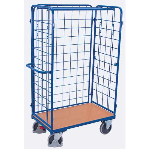 Dreiwandwagen, Stahl/MDF-Platte, Enzianblau/Buche-Dekor, L 1000 x B 600 mm, Nutzhöhe 1525 mm, einhängbare Längswand, EasySTOP, bis 500 kg
