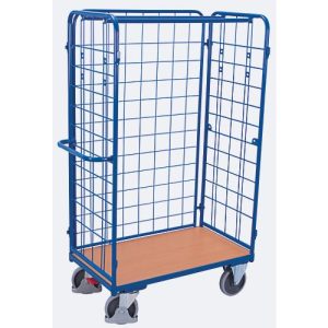 Dreiwandwagen, Stahl/MDF-Platte, Enzianblau/Buche-Dekor, L 1200 x B 800 mm, Nutzhöhe 1525 mm, einhängbare Längswand, EasySTOP, bis 500 kg Dreiwandwagen, Stahl/MDF-Platte, Enzianblau/Buche-Dekor, L 1200 x B 800 mm, Nutzhöhe 1525 mm, einhängbare Längswand, EasySTOP, bis 500 kg