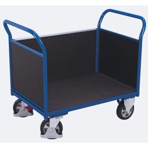 Dreiwandwagen, Stahl/Siebdruckplatte, Enzianblau/Dunkelbraun, L 1595 x B 765 mm, herausnehmbare Längswand, Vollgummi-Rollen mit EasySTOP, bis 1000 kg