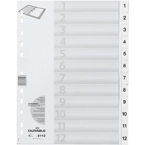 Durable Kunststoffregister, A4 hoch, Zahlen 1-12, weiß Durable Kunststoffregister, A4 hoch, Zahlen 1-12, weiß