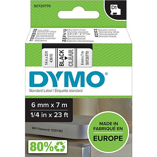DYMO® Schriftbandkassette D1 43610, 6 mm breit, transparent/schwarz