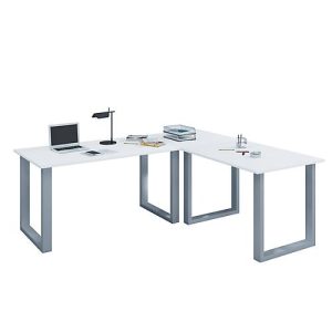 Eckschreibtisch, Winkel 90°, Bügelfuß, B 1600 x T 800/1600 x H 760 mm, weiß/silber Eckschreibtisch, Winkel 90°, Bügelfuß, B 1600 x T 800/1600 x H 760 mm, weiß/silber
