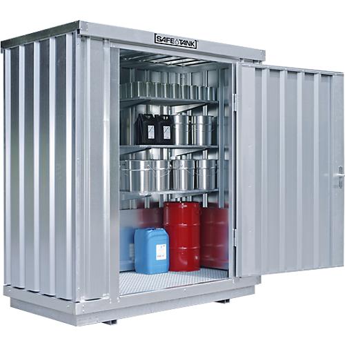 Einzel-Container Säbu SAFE TANK 300, WGK 1-3, Volumen 275 l, mit Auffangwanne & Gitterrost, B 2100 x T 1140 x H 2300 mm, silber