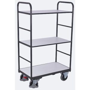 ESD-Etagenwagen, Stahl/Spanplatte, Graphitgrau/ Lichtgrau, 3 Etagen, 1200 x 800 mm, EasySTOP, bis 250 kg ESD-Etagenwagen, Stahl/Spanplatte, Graphitgrau/ Lichtgrau, 3 Etagen, 1200 x 800 mm, EasySTOP, bis 250 kg
