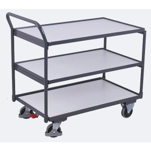 ESD-Tischwagen, Stahl/Spanplatte, Graphitgrau/Lichtgrau, 3 Etagen, L 835 x B 505 mm, TPE-Rollen mit EasySTOP, bis 250 kg ESD-Tischwagen, Stahl/Spanplatte, Graphitgrau/Lichtgrau, 3 Etagen, L 835 x B 505 mm, TPE-Rollen mit EasySTOP, bis 250 kg
