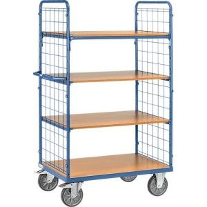 Etagenwagen, 4 Holz-Böden, bis 600 kg, 2-seitige Gitterwände, 1000 x 600 mm, blau Etagenwagen, 4 Holz-Böden, bis 600 kg, 2-seitige Gitterwände, 1000 x 600 mm, blau