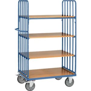 Etagenwagen, 4 Holz-Böden, bis 600 kg, Stirnwände mit Streben, 1000 x 600 mm, Stahl, blau Etagenwagen, 4 Holz-Böden, bis 600 kg, Stirnwände mit Streben, 1000 x 600 mm, Stahl, blau