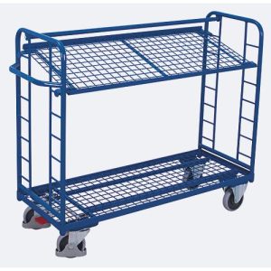 Etagenwagen, Stahl/Drahtgitter, Enzianblau, 2 Etagen, 1355 x 550 mm, Stirnwände mit Rundstahlverstrebung, EasySTOP, bis 250 kg Etagenwagen, Stahl/Drahtgitter, Enzianblau, 2 Etagen, 1355 x 550 mm, Stirnwände mit Rundstahlverstrebung, EasySTOP, bis 250 kg