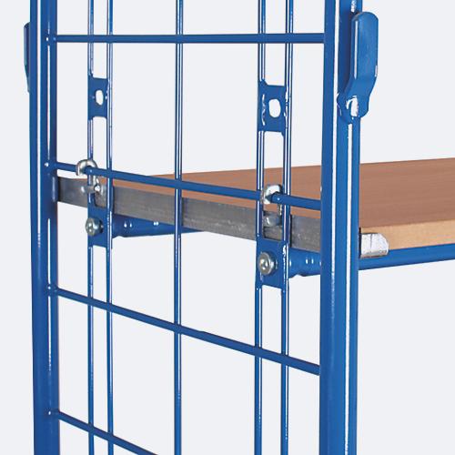 Etagenwagen, Stahl/MDF-Platte, Enzianblau/Buche-Dekor, 1 Etage, 1000 x 700 mm, 2 Stirnwände aus Drahtgitter, EasySTOP, bis 500 kg