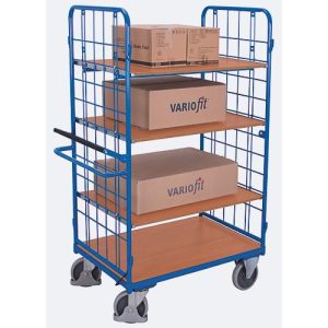 Etagenwagen, Stahl/MDF-Platte, Enzianblau/Buche-Dekor, 1 Etage, 1000 x 700 mm, 2 Stirnwände aus Drahtgitter, mit Totmannbremse, bis 500 kg Etagenwagen, Stahl/MDF-Platte, Enzianblau/Buche-Dekor, 1 Etage, 1000 x 700 mm, 2 Stirnwände aus Drahtgitter, mit Totmannbremse, bis 500 kg