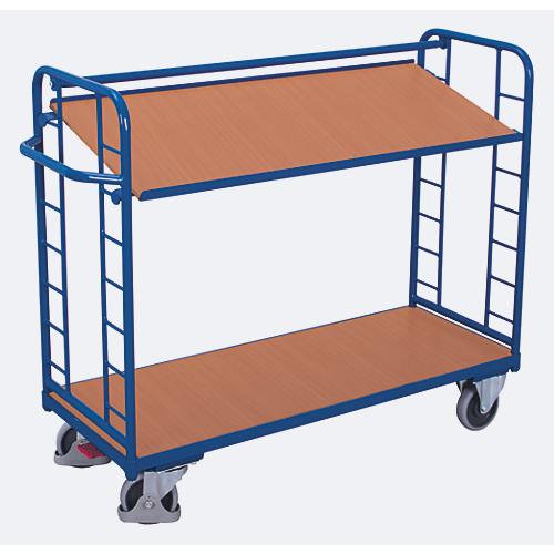 Etagenwagen, Stahl/MDF-Platte, Enzianblau/Buche-Dekor, 2 Etagen, 1355 x 550 mm, Stirnwände mit Rundstahlverstrebung, EasySTOP, bis 250 kg