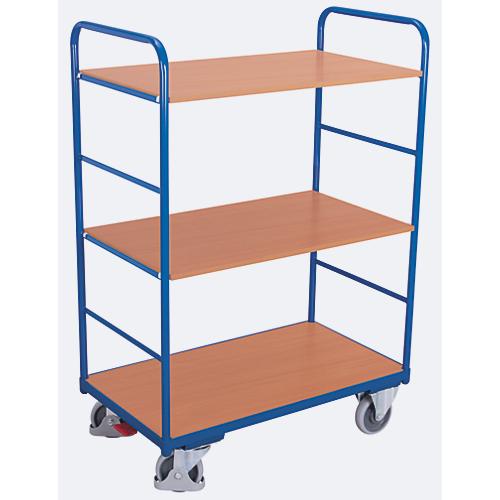 Etagenwagen, Stahl/MDF-Platte, Enzianblau/Buche-Dekor, 3 Etagen, 1000 x 600 mm, EasySTOP, bis 250 kg