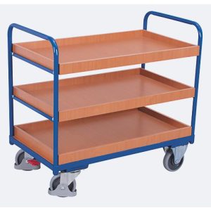 Etagenwagen, Stahl/MDF-Platte, Enzianblau/Buche-Dekor, 3 Etagen, 965 x 555 mm, EasySTOP, bis 250 kg Etagenwagen, Stahl/MDF-Platte, Enzianblau/Buche-Dekor, 3 Etagen, 965 x 555 mm, EasySTOP, bis 250 kg