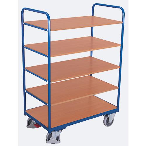 Etagenwagen, Stahl/MDF-Platte, Enzianblau/Buche-Dekor, 5 Etagen, 1000 x 700 mm, EasySTOP, bis 250 kg