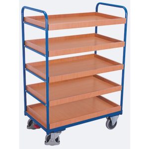 Etagenwagen, Stahl/MDF-Platte, Enzianblau/Buche-Dekor, 5 Etagen, 965 x 655 mm, EasySTOP, bis 250 kg Etagenwagen, Stahl/MDF-Platte, Enzianblau/Buche-Dekor, 5 Etagen, 965 x 655 mm, EasySTOP, bis 250 kg