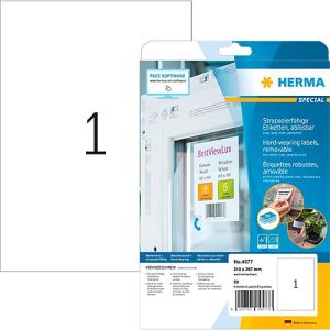 Etiketten HERMA 4577, 210 x 297 mm, 20 Stück, auf DIN A4, wetterfest, selbstklebend, stark haftend, Polyesterfolie, mattweiß Etiketten HERMA 4577, 210 x 297 mm, 20 Stück, auf DIN A4, wetterfest, selbstklebend, stark haftend, Polyesterfolie, mattweiß