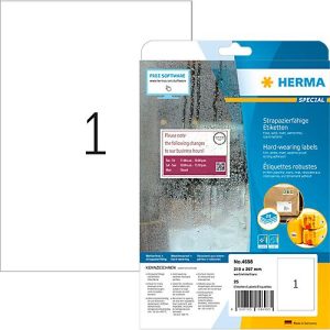 Etiketten HERMA 4698, 210 x 297 mm, 25 Etiketten / 25 A4-Blätter, wetterfest, selbstklebend, stark haftend, Polyesterfolie, mattweiß Etiketten HERMA 4698, 210 x 297 mm, 25 Etiketten / 25 A4-Blätter, wetterfest, selbstklebend, stark haftend, Polyesterfolie, mattweiß