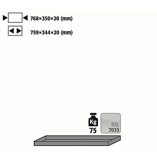 Fachboden Standard für asecos Sicherheitsschränke der K90 und UB90 Serie, Stahlblech, lichtgrau, B 768 x T 350 x H 20 mm, bis 30 kg