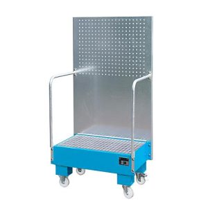 Fahrbare Auffangwanne LPW 60-2, mit Lochplattenwand, aus Stahl, Kapazität 2 x 60-Liter Fass, blau