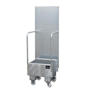 Fahrbare Auffangwanne mit Lochplattenwand, aus Stahl, Kapazität 1 x 60-Liter Fass, verzinkt Fahrbare Auffangwanne mit Lochplattenwand, aus Stahl, Kapazität 1 x 60-Liter Fass, verzinkt