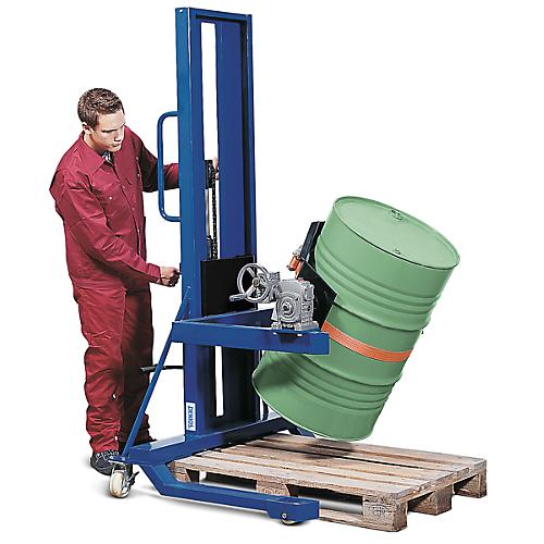 Fasslifter asecos, m. Prismenbacken, B 1200 x H 2135 x T 1100 mm, Hubbereich 0 – 1400 mm, Stahl lackiert