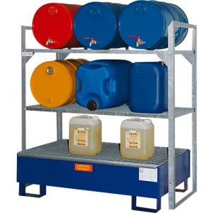 Fassregal Typ 360 CEMO, mit 150 I Stahl-Auffangwanne und Fassauflage, für 6 x 60 I oder Kleingebinde, L 1320 x B 800 x H 1300 mm Fassregal Typ 360 CEMO, mit 150 I Stahl-Auffangwanne und Fassauflage, für 6 x 60 I oder Kleingebinde, L 1320 x B 800 x H 1300 mm