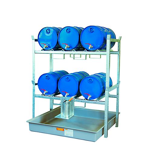 Fassregal Typ 800 Variante 6 CEMO, mit Fassauflage u. Auffangwanne, für 6 x 60 I-Fässer, L 1410 x B 1280 x H 1620 mm