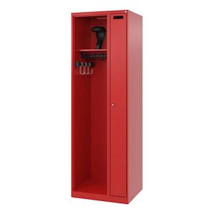 Feuerwehrspind C+P Evolo Kombi, 2 Abteile für 1 Person, mit Helmhalter, Bodengleiter, B 600 x T 500 x H 1850 mm, RAL 3000 Feuerrot Feuerwehrspind C+P Evolo Kombi, 2 Abteile für 1 Person, mit Helmhalter, Bodengleiter, B 600 x T 500 x H 1850 mm, RAL 3000 Feuerrot