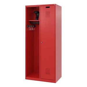 Feuerwehrspind C+P Evolo Kombi, 2 Abteile für 1 Person, mit Helmhalter, Bodengleiter, B 800 x T 500 x H 1850 mm, RAL 3000 Feuerrot Feuerwehrspind C+P Evolo Kombi, 2 Abteile für 1 Person, mit Helmhalter, Bodengleiter, B 800 x T 500 x H 1850 mm, RAL 3000 Feuerrot