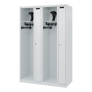 Feuerwehrspind C+P Evolo Kombi, 4 Abteile für 2 Personen, mit Helmhalter, Bodengleiter, B 1200 x T 500 x H 1850 mm, RAL 7035 Lichtgrau Feuerwehrspind C+P Evolo Kombi, 4 Abteile für 2 Personen, mit Helmhalter, Bodengleiter, B 1200 x T 500 x H 1850 mm, RAL 7035 Lichtgrau