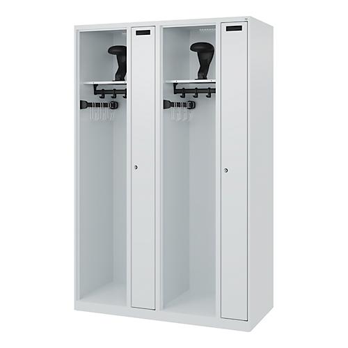 Feuerwehrspind C+P Evolo Kombi, 4 Abteile für 2 Personen, mit Helmhalter, Bodengleiter, B 1200 x T 500 x H 1850 mm, RAL 7035 Lichtgrau