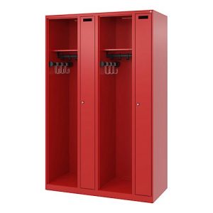 Feuerwehrspind C+P Evolo Kombi, 4 Abteile für 2 Personen, ohne Helmhalter, Bodengleiter, B 1200 x T 500 x H 1850 mm, RAL 3000 Feuerrot Feuerwehrspind C+P Evolo Kombi, 4 Abteile für 2 Personen, ohne Helmhalter, Bodengleiter, B 1200 x T 500 x H 1850 mm, RAL 3000 Feuerrot